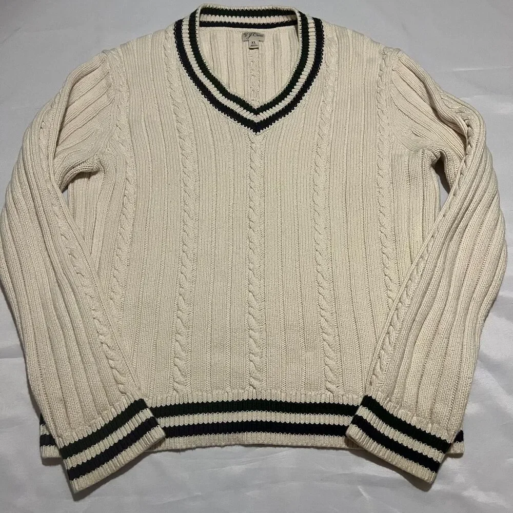 J.Crew Men's Heritage Cotton Cable-Knit V-Neck Sweater Cream Striped XL BI849